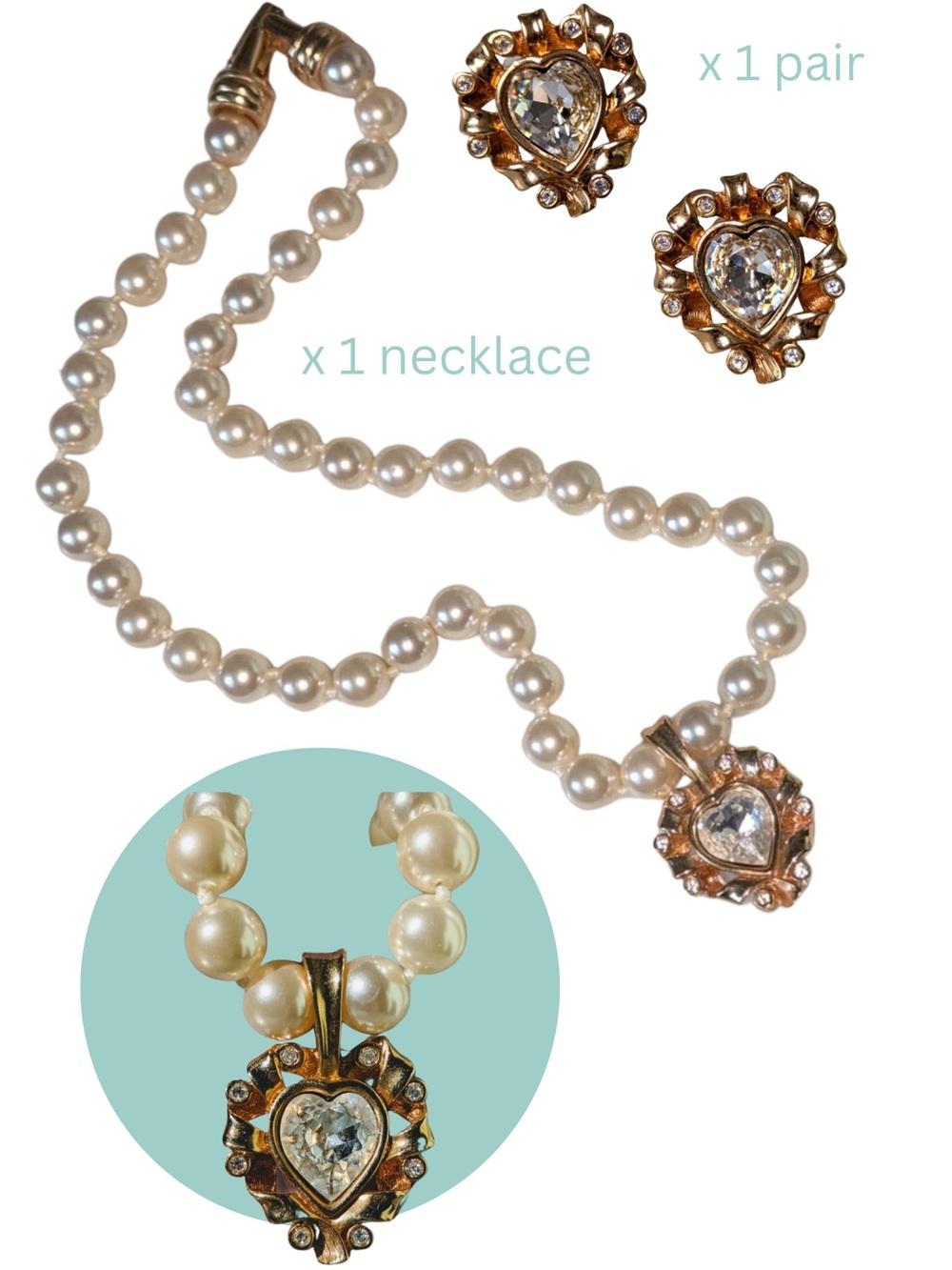 Vintage Swarovski Gold Plated Heart Pearl Look Necklace and Earrings SAL S.A.L.